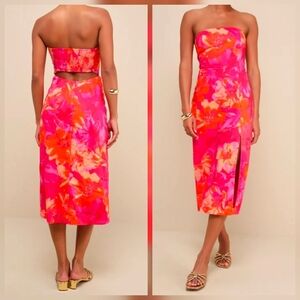 Lulus Bold Tendencies Fuchsia Orange Floral Strapless Cutout Midi Dress, Size XL